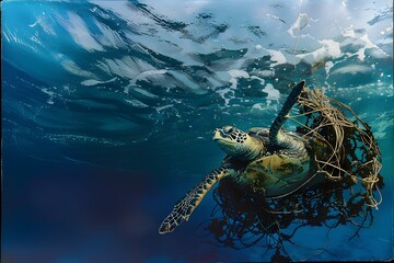 Turtle stuck in garbage. Environmental problem - Pollution of the world's oceans with plastic and garbage