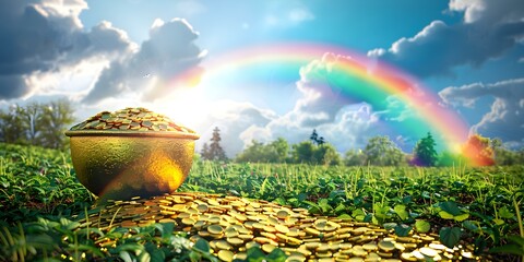 A vibrant rainbow leading to a pot of gold in lush countryside. Concept Outdoor Photoshoot, Colorful Props, Joyful Portraits, Playful Poses, Creative Concept - obrazy, fototapety, plakaty