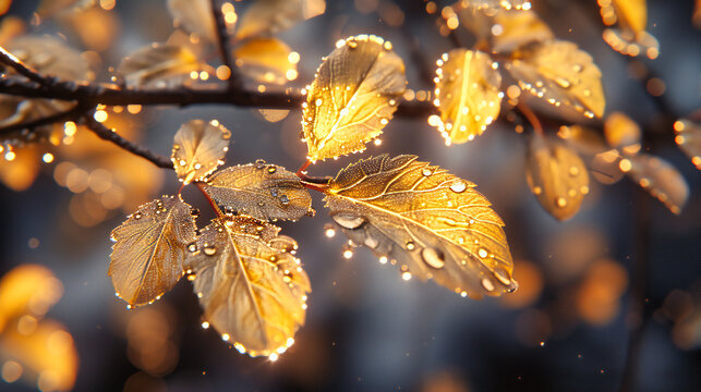 Closeup of frosty leaves, highlighting the delicate beauty of nature in the transition from autumn to winter