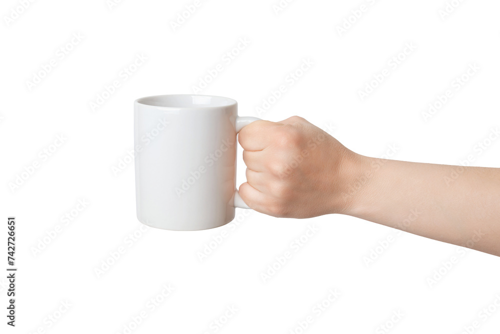 Poster blank white mug, held by an transparent hand, offers endless possibilities for print-on-demand desig