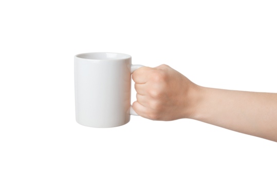 Blank white mug, held by an transparent hand, offers endless possibilities for Print-on-Demand design promotion. Versatile and customizable canvas