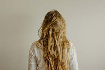 A girl with beautiful long blonde hair stands back wall - obrazy, fototapety, plakaty