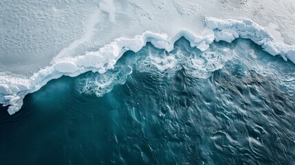 A big icefield in the water as seen from the top, a chunk of ice is falling off an iceberg into the water causing a big wave because of climate change - obrazy, fototapety, plakaty