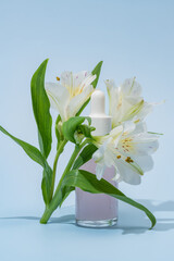 Facial serum in glass dropper bottle and white alstromeria flowers on blue background. Natural skin care cosmetic. Beauty routine concept. Minimal composition. Trendy product for branding.
