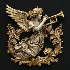 Christmas Angel flying and trumpet on pipe. Religious holiday. metal embossed " ai generated "