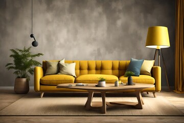 Modern interior of living room with yellow sofa, wooden coffee table and lamp 3d rendering