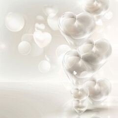 Valentine's Day background, with voluminous transparent hearts, with copy space, in soft white color, ai technology