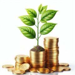 A plant coming out of gold coins isolated on white background 