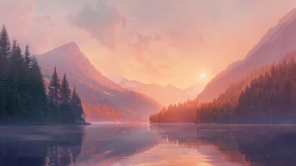 Tranquil Sunset Over a Serene Mountain Lake with Reflective Waters and Soft Pastel Sky