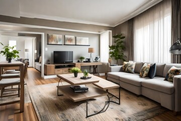 Living room with table, couch and television