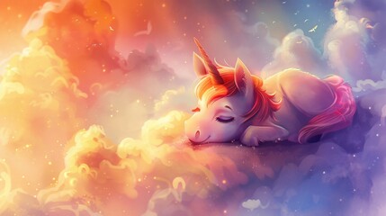 Chubby unicorn napping on a cloud pastel background creating a serene fantasy world