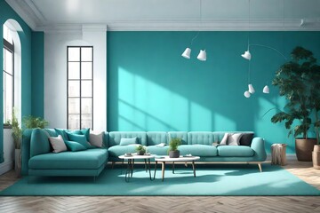 Cyan Loft style with cyan wall on wooden floor and sofa armchair on carpet.3D rendering