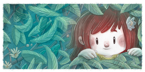 Little girl hiding among the plants - 742729685