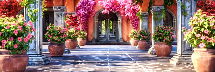 Papier Peint photo autocollant Vieil immeuble Charming Garden Entrance: A Vibrant Display of Flowers and Greenery Leading to a Classic European Home