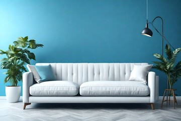 Fototapeta na wymiar Interior of modern living room with white fabric sofa, coffee table and plant over blue wall 3d rendering