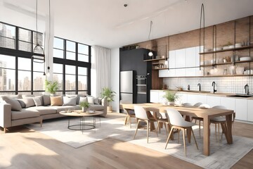 3d rendering. loft apartment with living room and kitchen.