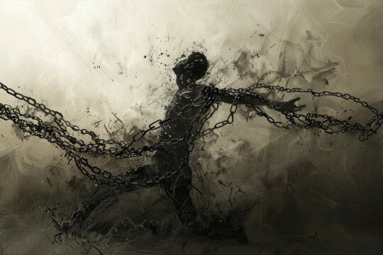 A powerful painting depicting a man holding a chain, symbolizing his struggle and eventual liberation from oppression