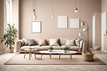Design scandinavian home interior of living room.Beige wall. Modern home staging.
