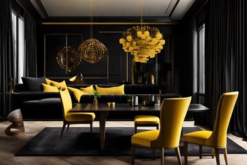 Modern black luxury interior living room with yellow furniture and contemporary dining table.