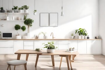 Wooden tabletop or countertop in minimal, modern and luxury white living room with white wall, desk, sofa and houseplant with sunlight at home for household and personal product display