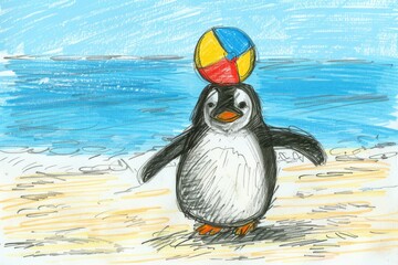A playful penguin is waddling along the shore with a colorful beach ball balancing on its head. The whimsical drawing captures the fun and joy of a sunny day at the beach