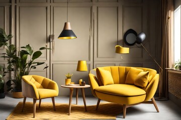 Interior of living room with wooden triangular coffee table, lamps and yellow armchair