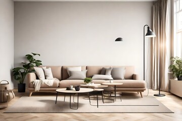 Fototapeta na wymiar Living room interior with comfortable furniture, coffee tables and floor lamp. Empty wall mock up