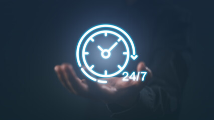Worldwide nonstop and full-time service support, Nonstop service 24 hr online store concept. Businessman hand holding virtual clock 24-7 online shop store, Connection contact available 247.