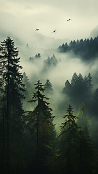 Vertically aligned Beautiful foggy mountain range landscape with pine forest covered with mist and birds flying around
