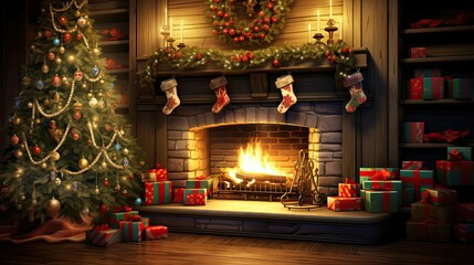 Fototapeta premium santa christmas stocking fireplace