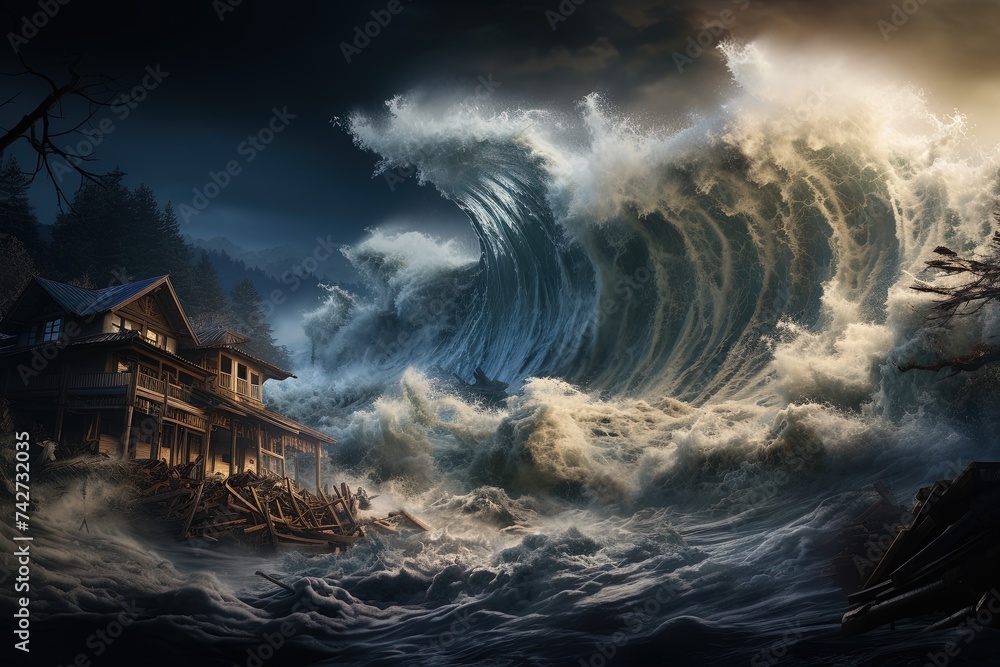 Poster a tsunami wave crashing into a house, with the water engulfing the structure and creating chaos and 