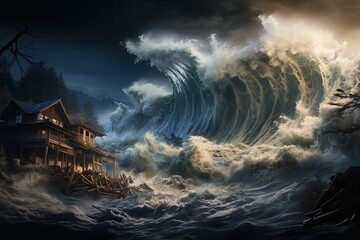A tsunami wave crashing into a house, with the water engulfing the structure and creating chaos and destruction. - obrazy, fototapety, plakaty