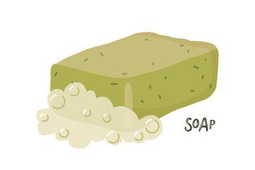 Soap Bar. Handmade green soap bar with foam, Soap inscription for advertising, store, sale. Natural soap with with dry medicinal or fragrant herbs. Cartoon vector illustration on white background