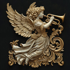 Christmas Angel flying and trumpet on pipe. Religious holiday. metal embossed " ai generated "