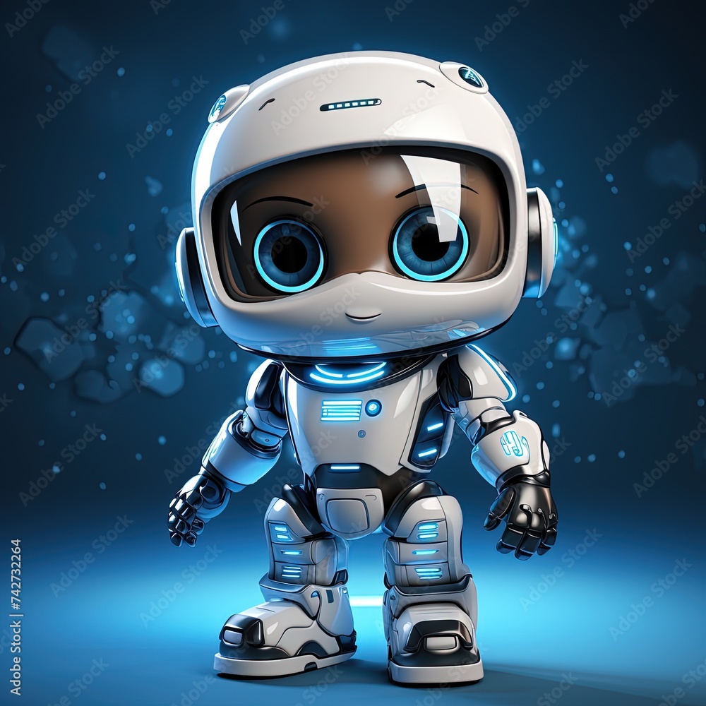 Poster adorable 3d robot character interacting with advanced technology. cartoon cyber character.