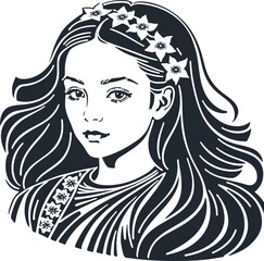 Young brunette woman with a flower on her head, vector illustration	 - 742732651