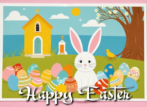 Illustrated Easter card showing a white rabbit, surrounded by decorated Easter eggs, with a church and a tree in the background.
