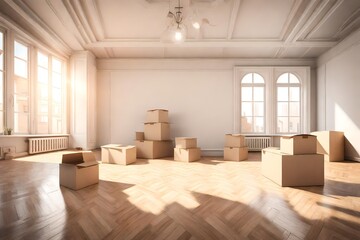 3D rendering of sunny but expensive empty living room with moving boxes in old city building of townhouse or apartment for rent or buy - obrazy, fototapety, plakaty