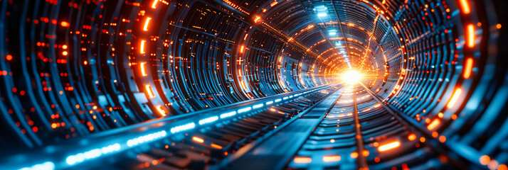 Blue neon light in a futuristic tunnel, symbolizing speed, digital technology, and the journey through a modern space corridor - obrazy, fototapety, plakaty