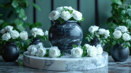 White roses in a marble vase. Urn with flowers. Generative AI