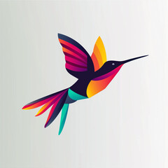 A minimalist, flat vector logo of a vibrant hummingbird against a sleek, modern background captured in high definition.