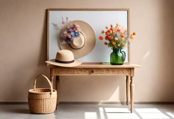 Table with 3D textile artwork, flowers, vase, hat and basket near beige wall