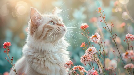 White cat among flowers. Generative AI
