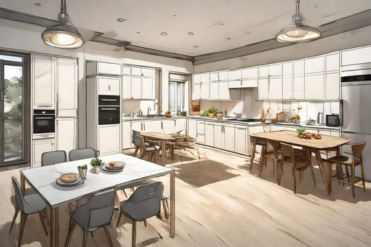 Full width view of a large kitchen with dining and cooking area, this image has been generated digitally