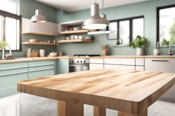 Wooden table top on blur kitchen room background,Modern Contemporary green kitchen room interior.3d rendering