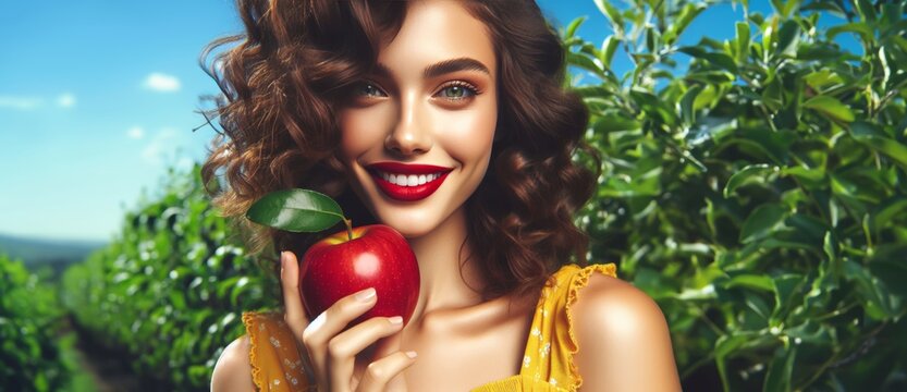 Beautiful young woman eating an apple - temptation or healthy fruit diet 