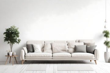 Home interior mock-up with cozy sofa on white wall background