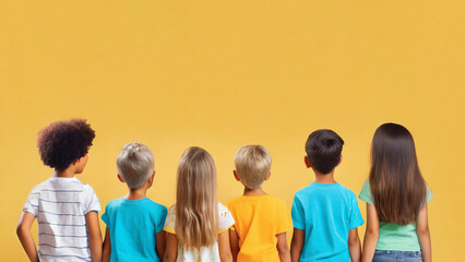 Group multiracial funny children. Yellow pastel background. Dressed in colorful T-shirts and jeans.International Children Day.Copy space.Rear view.