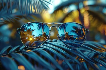 Sunglasses on the beach. Sunglasses on a background of palm trees. Generative AI