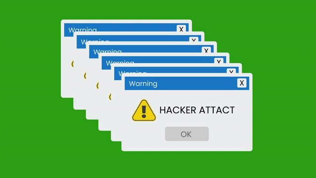 motion animation of a web browser window with hacker attact warning alert on a green background.